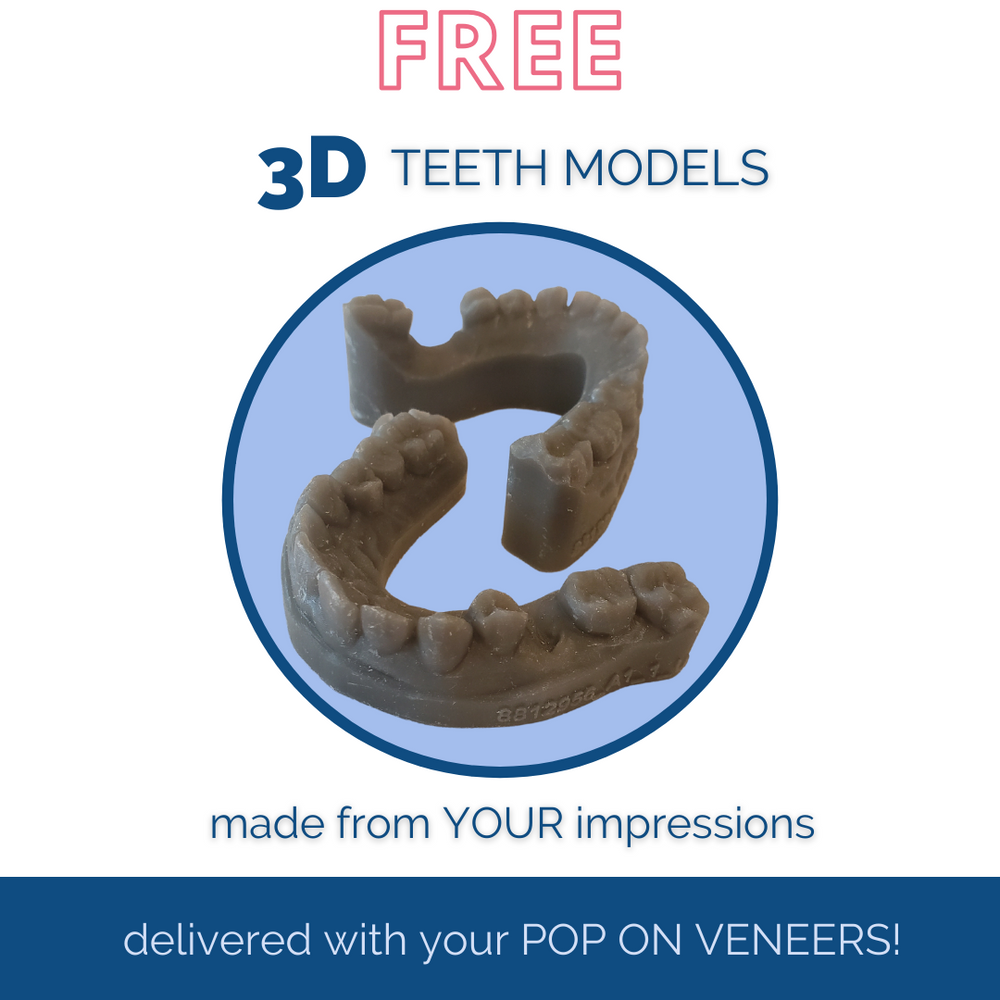 Moldes 3D gratuitos de sus dientes para que pueda ver cómo sus carillas pop on están hechas 100% a medida sólo para usted. Tenemos una copia digital de tus dientes para que no tengas que volver a hacer moldes de impresión cuando pidas otro juego. ¡Su juego de repuesto o elegir otro color!