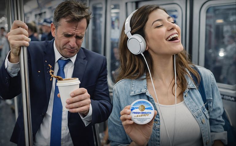 Man holding a coffee cup and a woman enjoying her Fresh Breath Caffeine Pouch on a subway train.