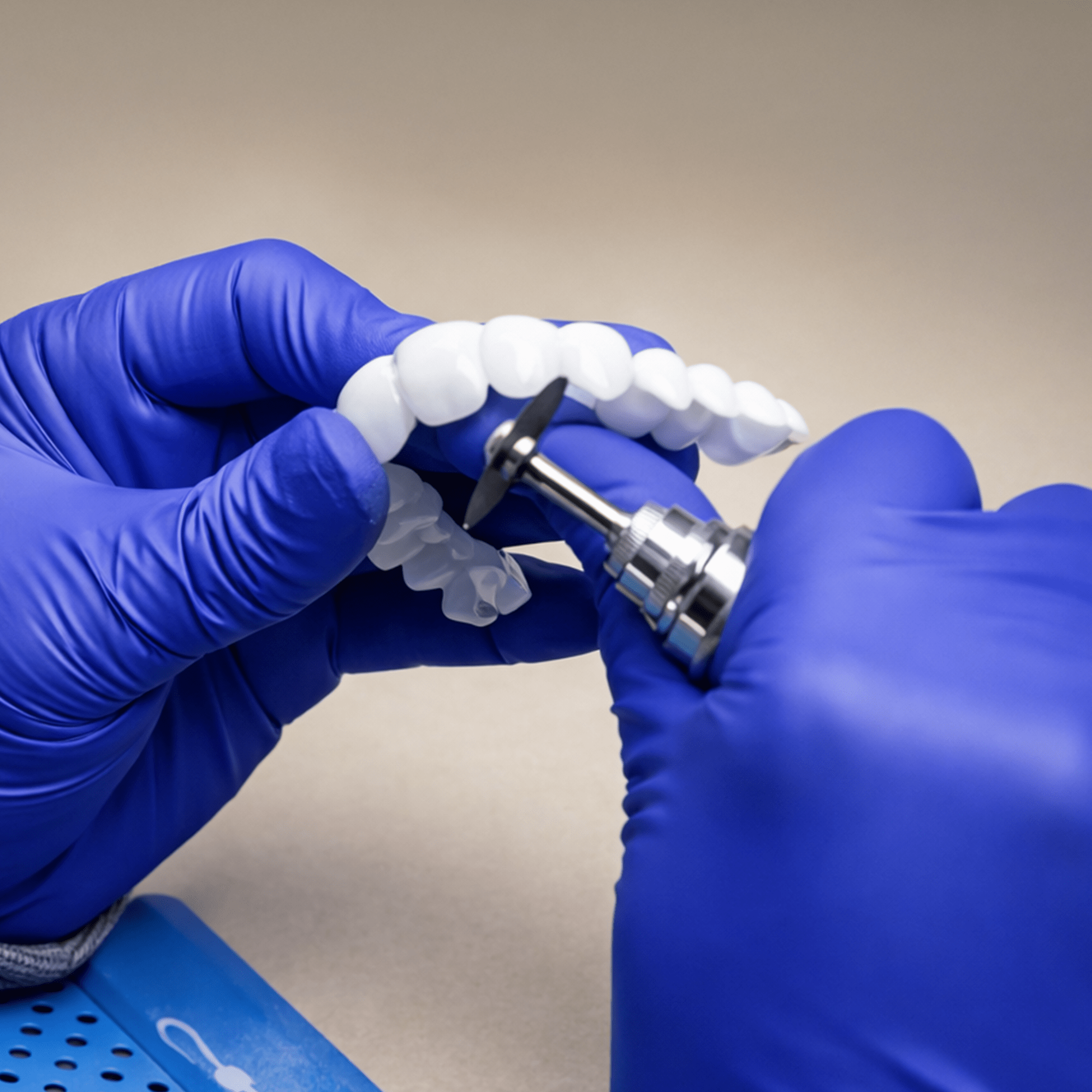 Persona con guantes azules utilizando un instrumento dental para colocar carillas Pop On Veneers sobre un fondo neutro.