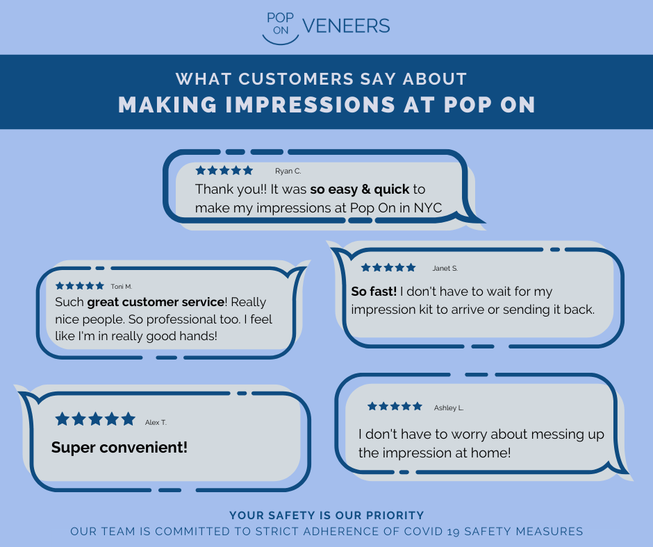 Customers testimonials saying how easy and convenient it is to make impressions at Pop On in NYC